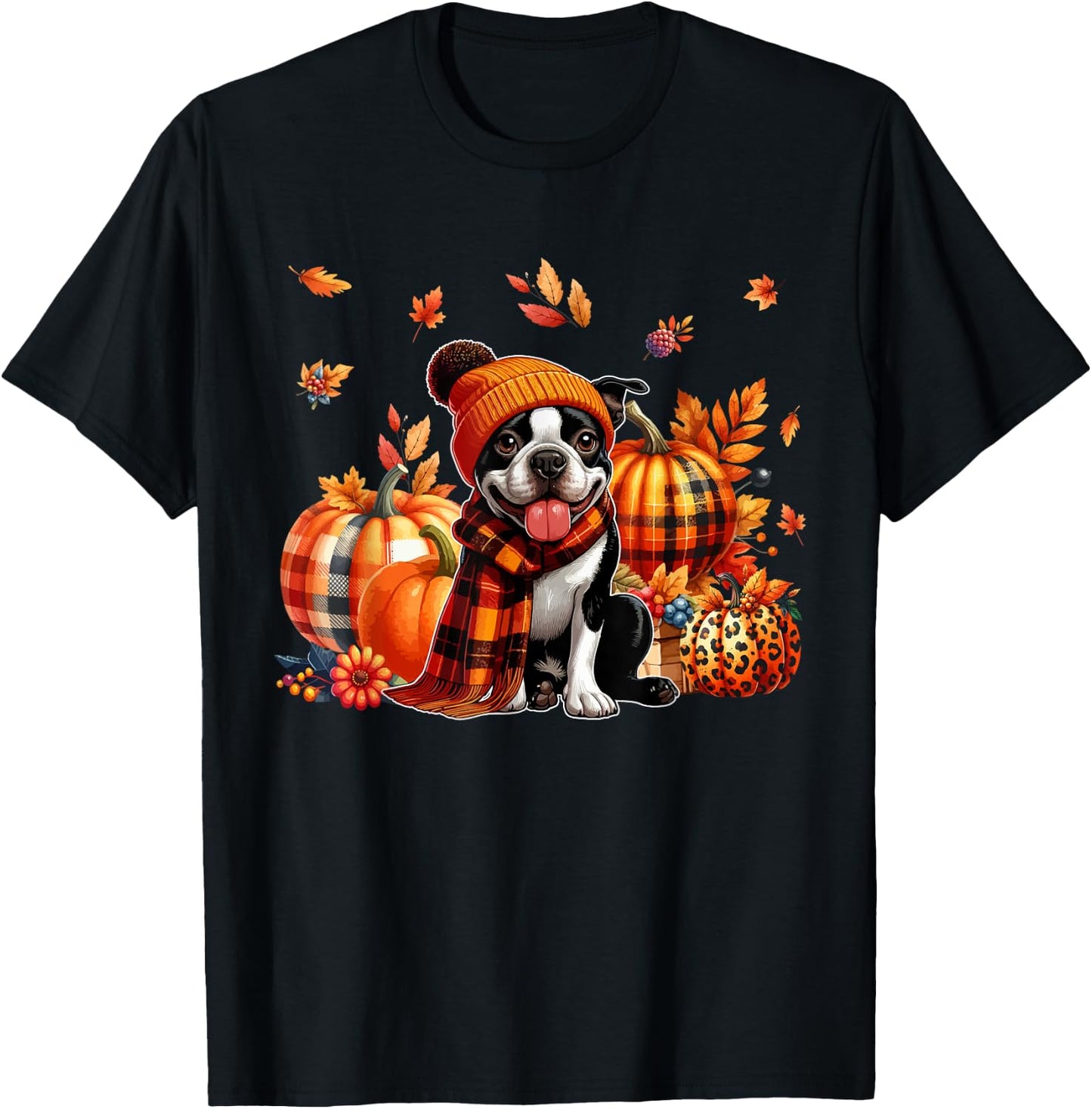 Boston Terrier Thanksgiving Leopard Pumpkins Fall Leaves T-Shirt - T-Shirt | Black