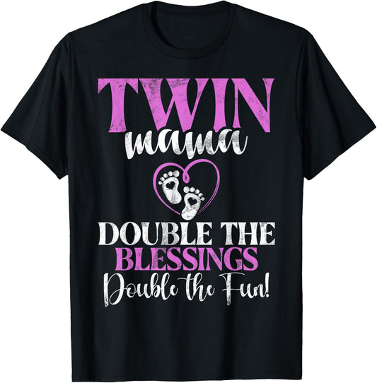 Twin Mama double the Blessings double the Fun Twin Mom T-Shirt - T-Shirt | Black