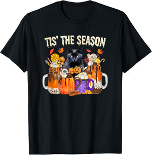 Fall Coffee Pumpkin Spice Latte Autumn Black Cat T-Shirt - T-Shirt | Black