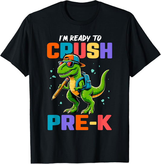 First Day Of Pre-K Shirt Boys Kids Dinosaur Back To School T-Shirt - T-Shirt | Black