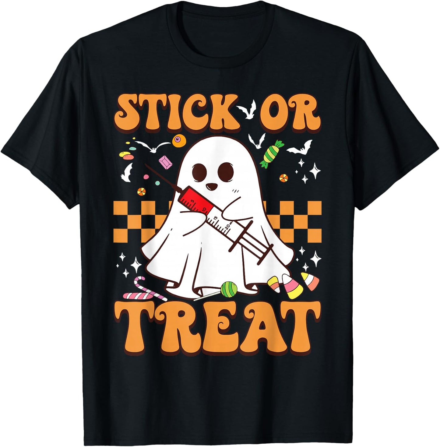 Retro Stick Or Treat Cute Ghost Nurse Phlebotomist Halloween T-Shirt - T-Shirt | Black