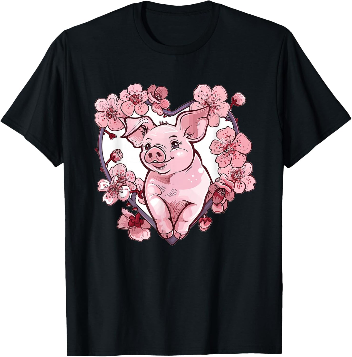 Cute Pig With Flowers I Pig T-Shirt - T-Shirt | Black
