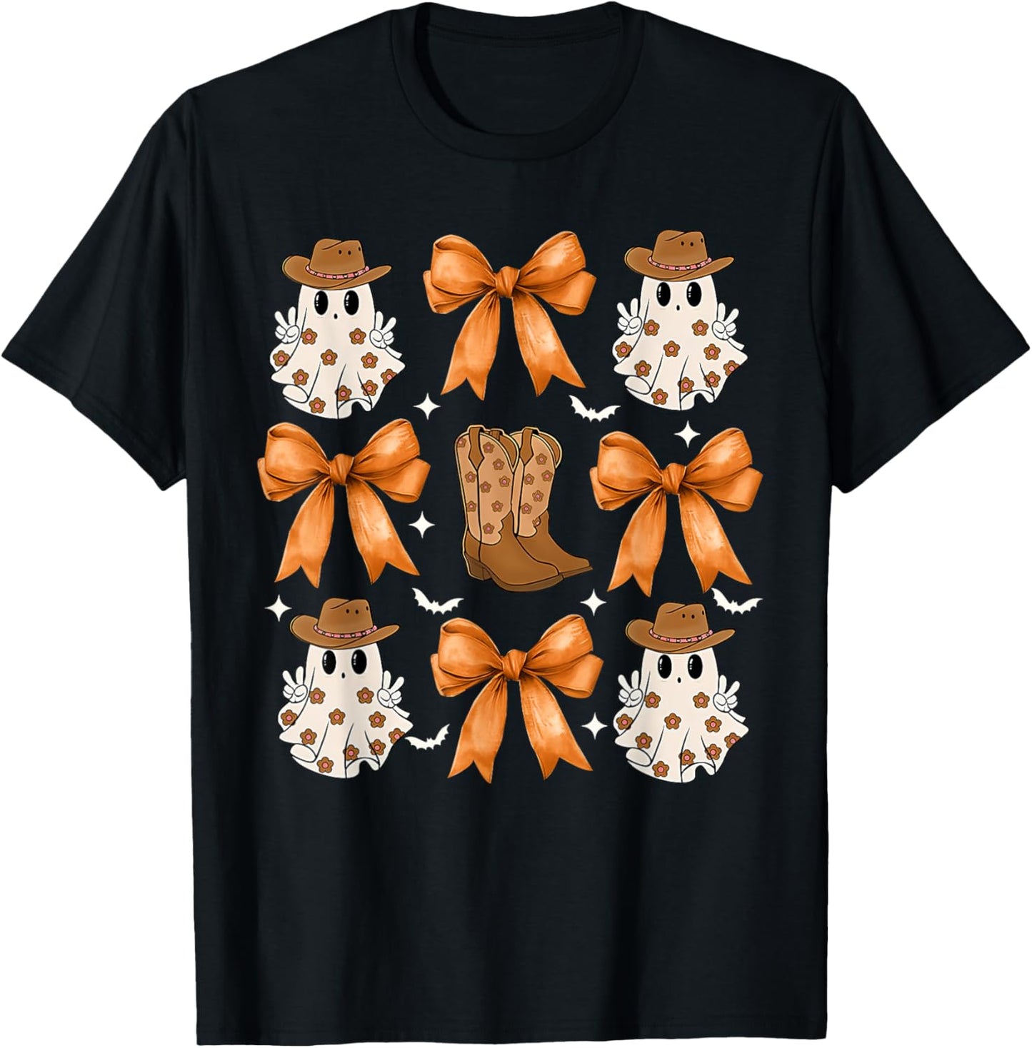 Coquette Bow Ghost Cowboy Western Spooky Season Halloween T-Shirt - T-Shirt | Black