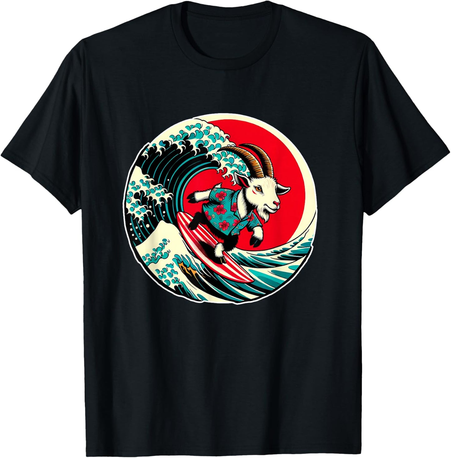 Great Wave Kanagawa Goat Surfing T-Shirt - T-Shirt | Black