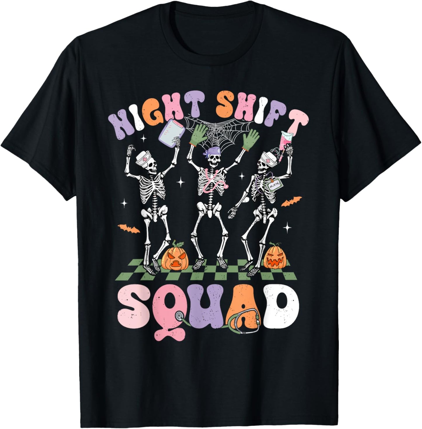Dancing Skeleton Nurse Night Shift Squad Halloween T-Shirt - T-Shirt | Black