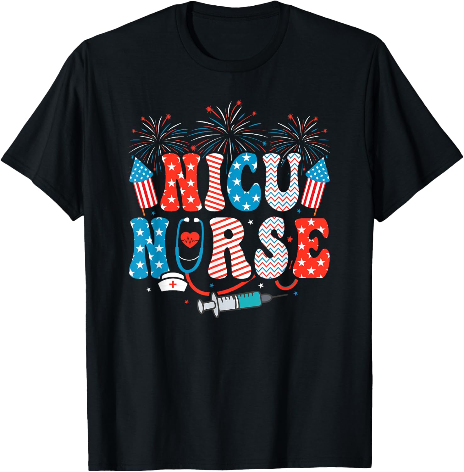 NICU Nurse 4th Of July American Flag Patriotic Nicu Nurse T-Shirt - T-Shirt | Black