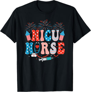 NICU Nurse 4th Of July American Flag Patriotic Nicu Nurse T-Shirt - T-Shirt | Black