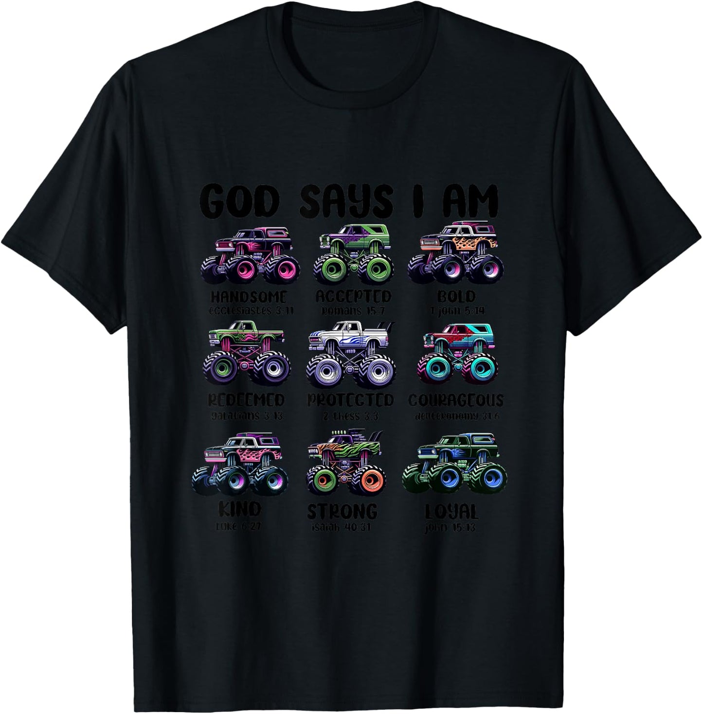 Funny God Says I Am Monster Truck Christian Bible Kids Boys T-Shirt - T-Shirt | Black