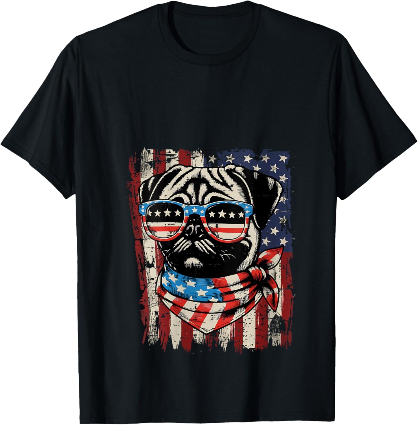 Women's 4th of July Dog Pug USA Flag Cute Patriotic Men Women Kids V-Neck T-Shirt - T-Shirt | Black
