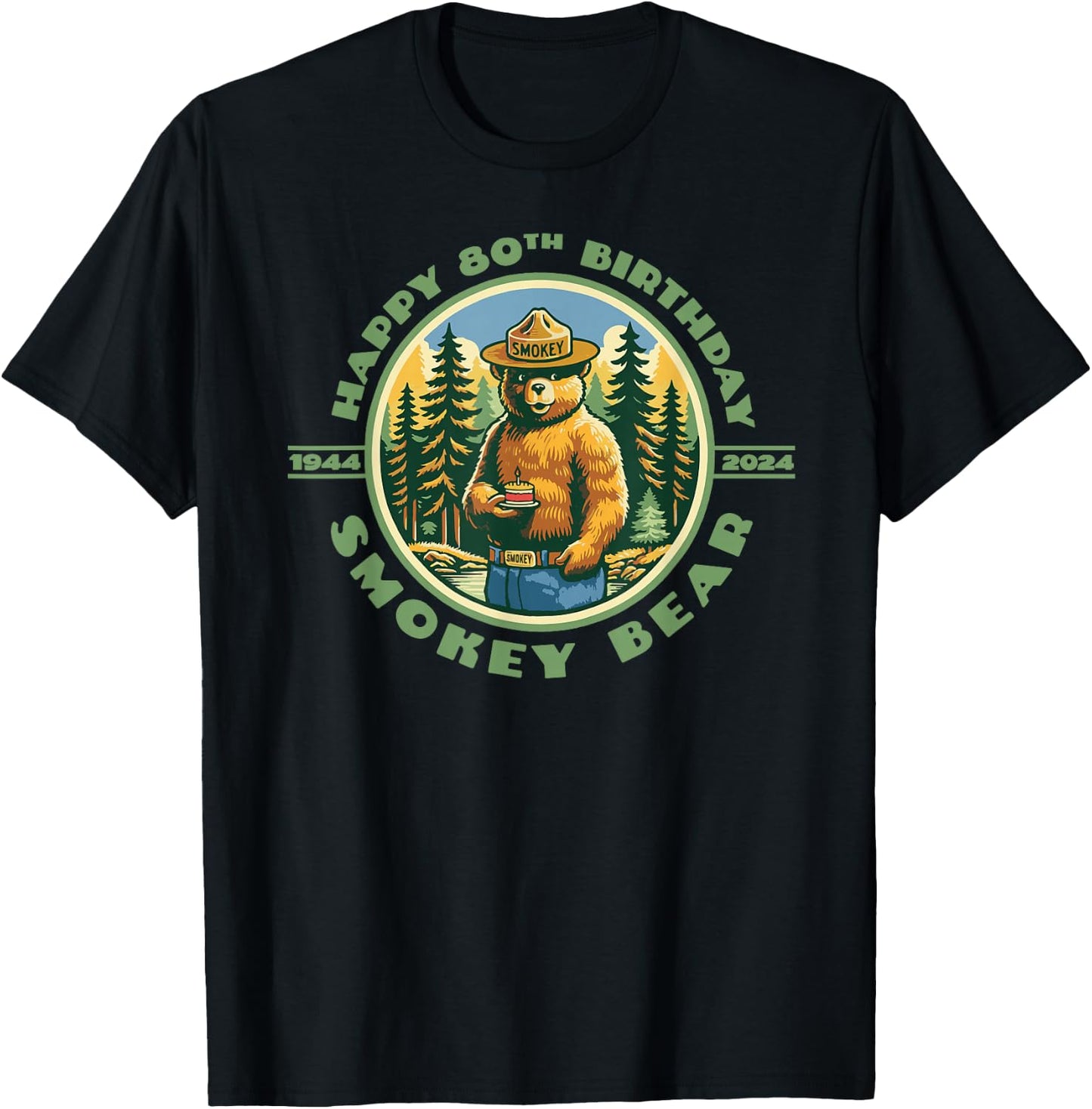 Happy 80th Birthday Smokey Bear 1944-2024 Retro Cupcake T-Shirt - T-Shirt | Black
