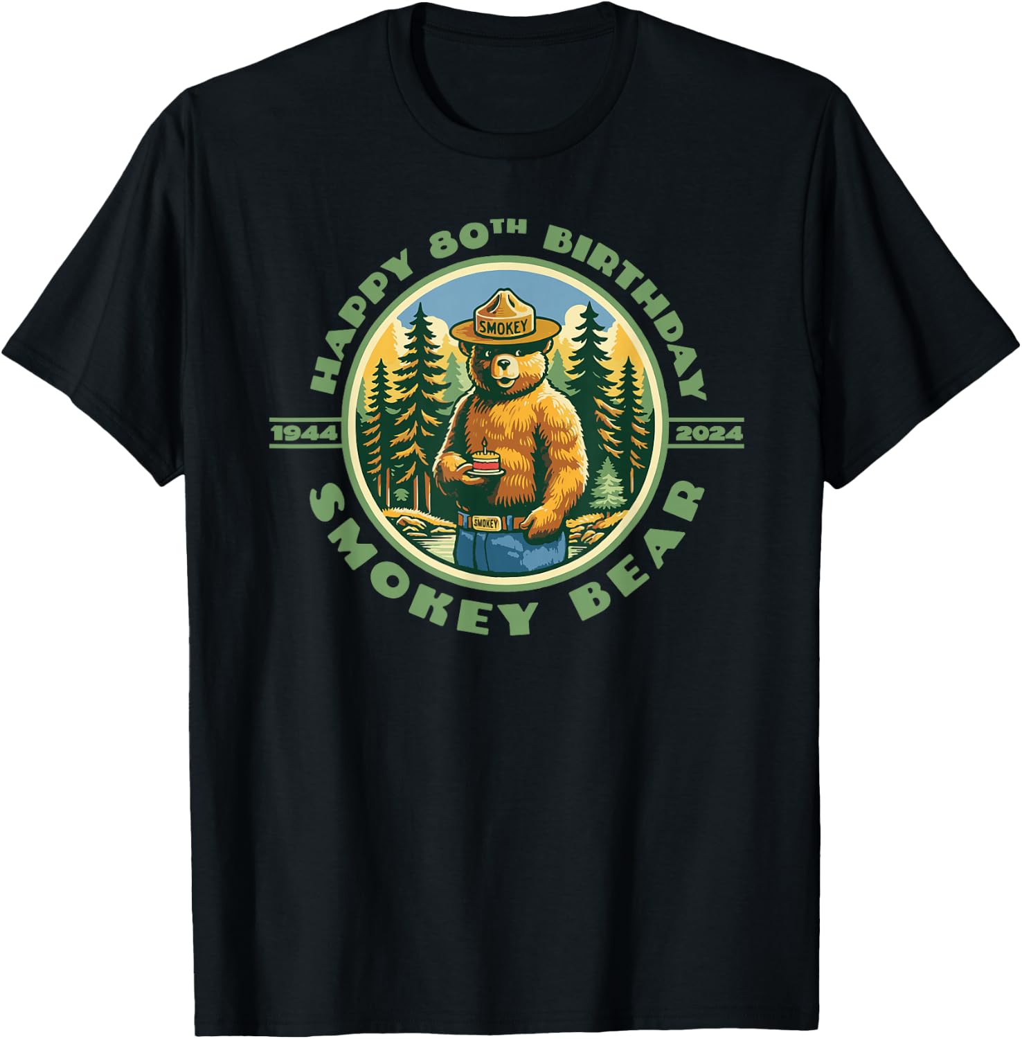 Happy 80th Birthday Smokey Bear 1944-2024 Retro Cupcake T-Shirt - T-Shirt | Black