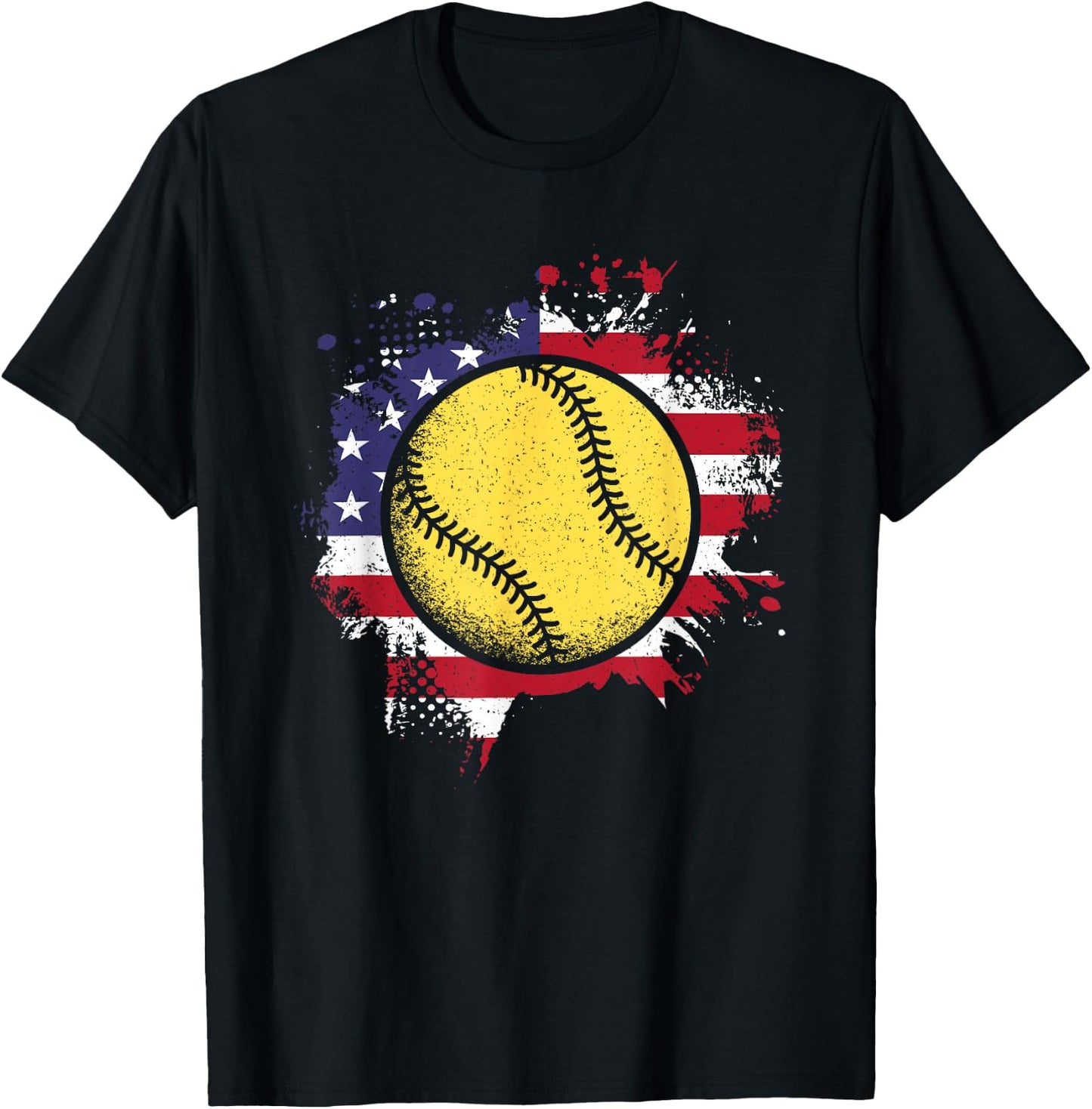 Softball American Flag Vintage Softball Lover Men Women Kids T-Shirt - T-Shirt | Black
