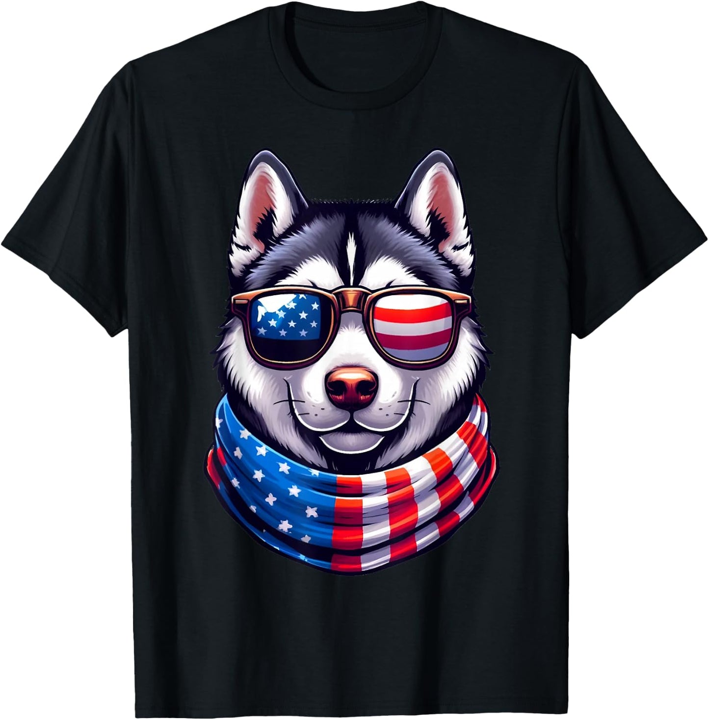 Siberian Husky USA Flag Sunglasses 4th of July Patriotic Dog T-Shirt - T-Shirt | Black