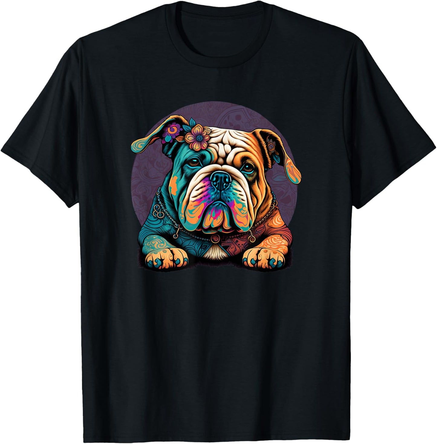 Funny Bulldog Dog Hippie T-Shirt - T-Shirt | Black