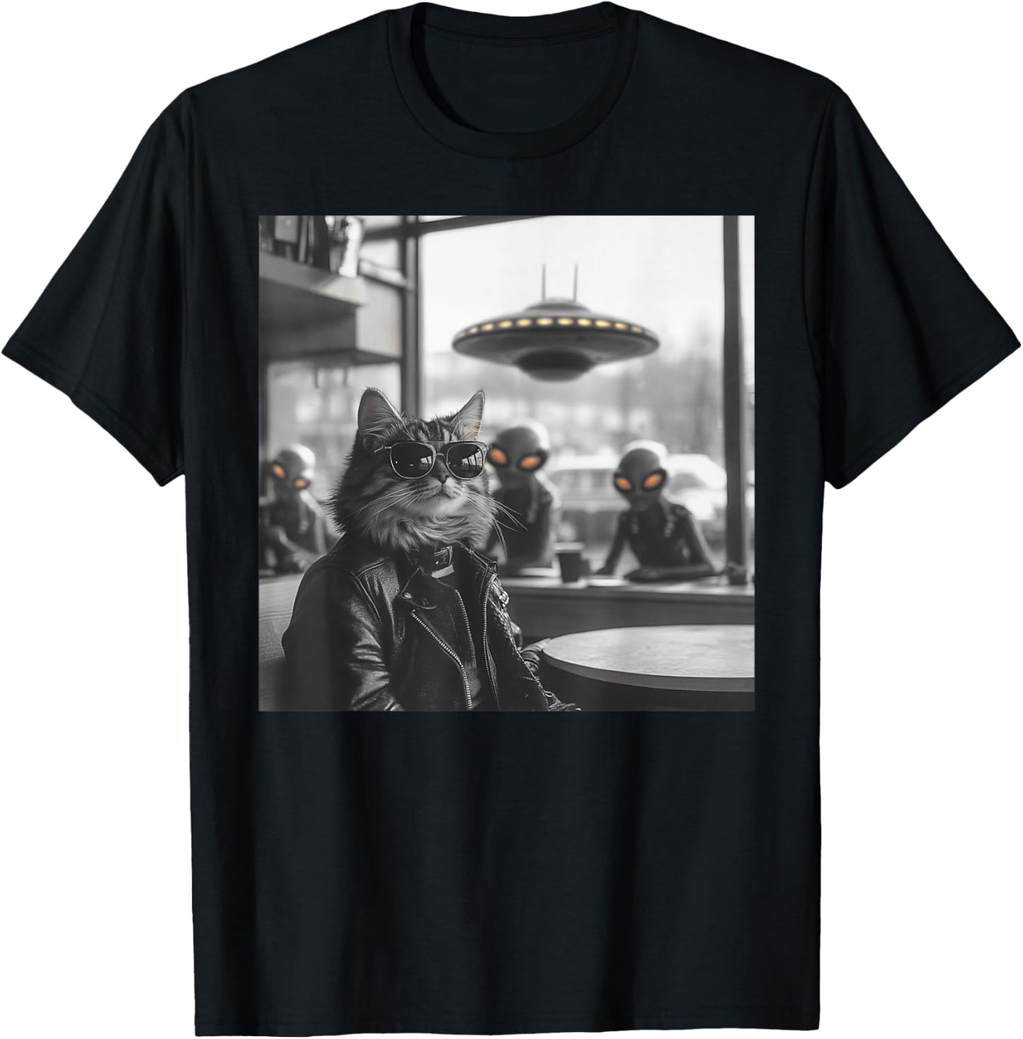 Cat in a Coffee Shop with Aliens and UFO T-Shirt - T-Shirt | Black