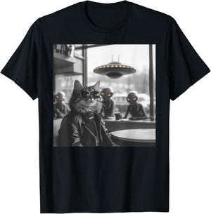 Cat in a Coffee Shop with Aliens and UFO T-Shirt - T-Shirt | Black