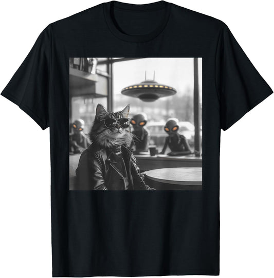 Cat in a Coffee Shop with Aliens and UFO T-Shirt - T-Shirt | Black