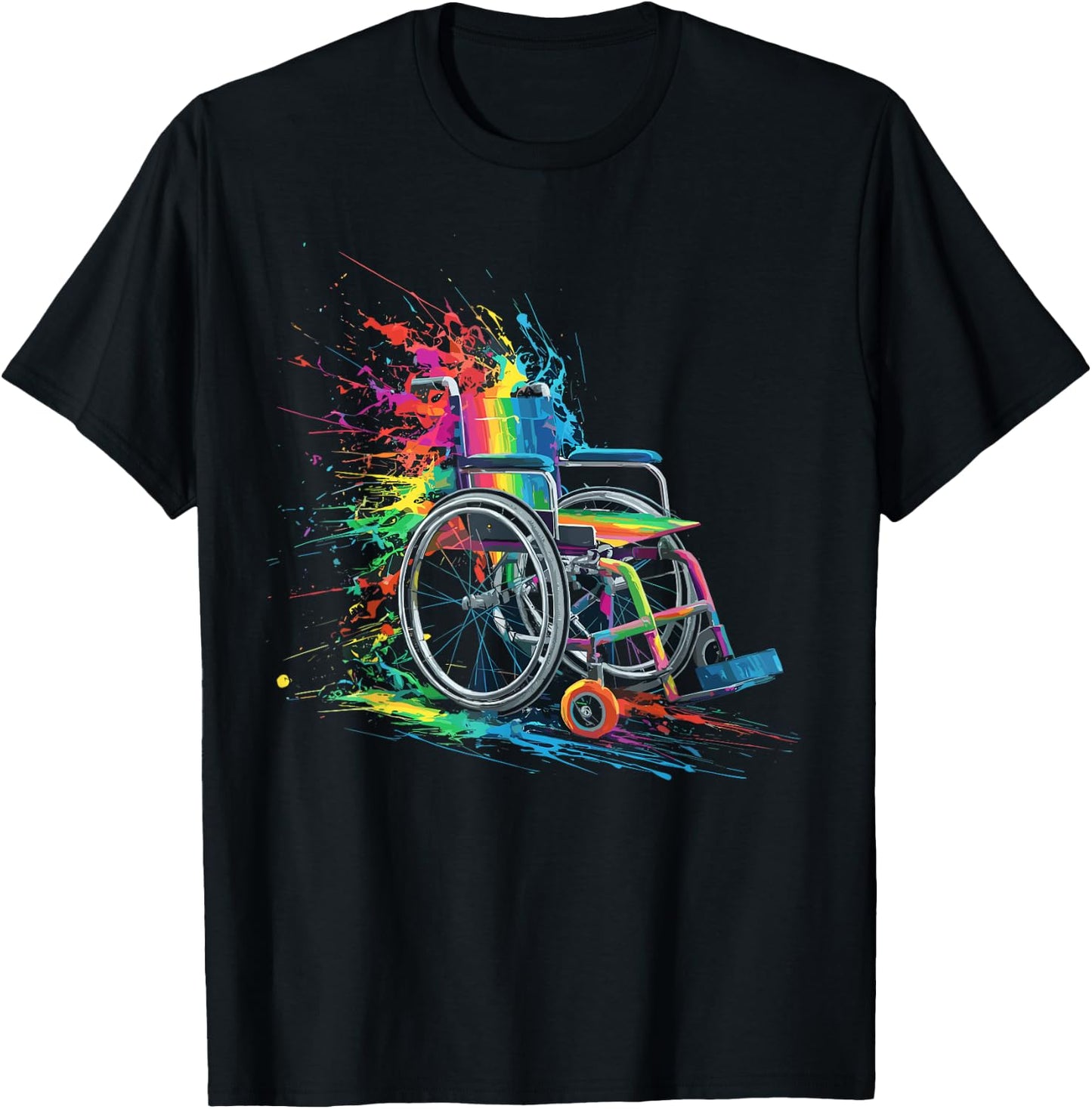 Colorful Paint Splash Wheelchair Art Graphic T-Shirt - T-Shirt | Black