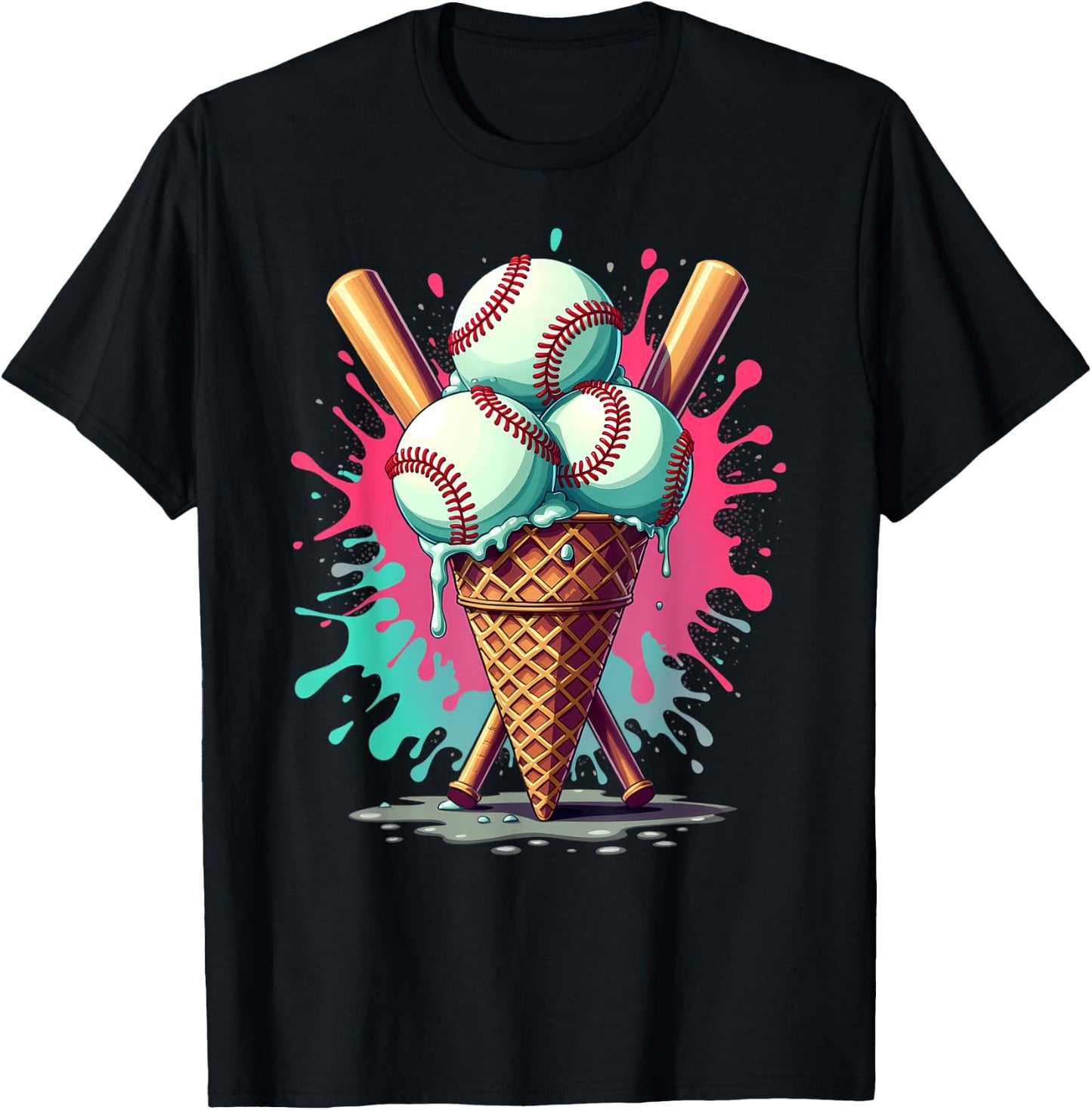 Baseball Ice Cream Watercolor Sports Lover Ice Cream Cone T-Shirt - T-Shirt | Black