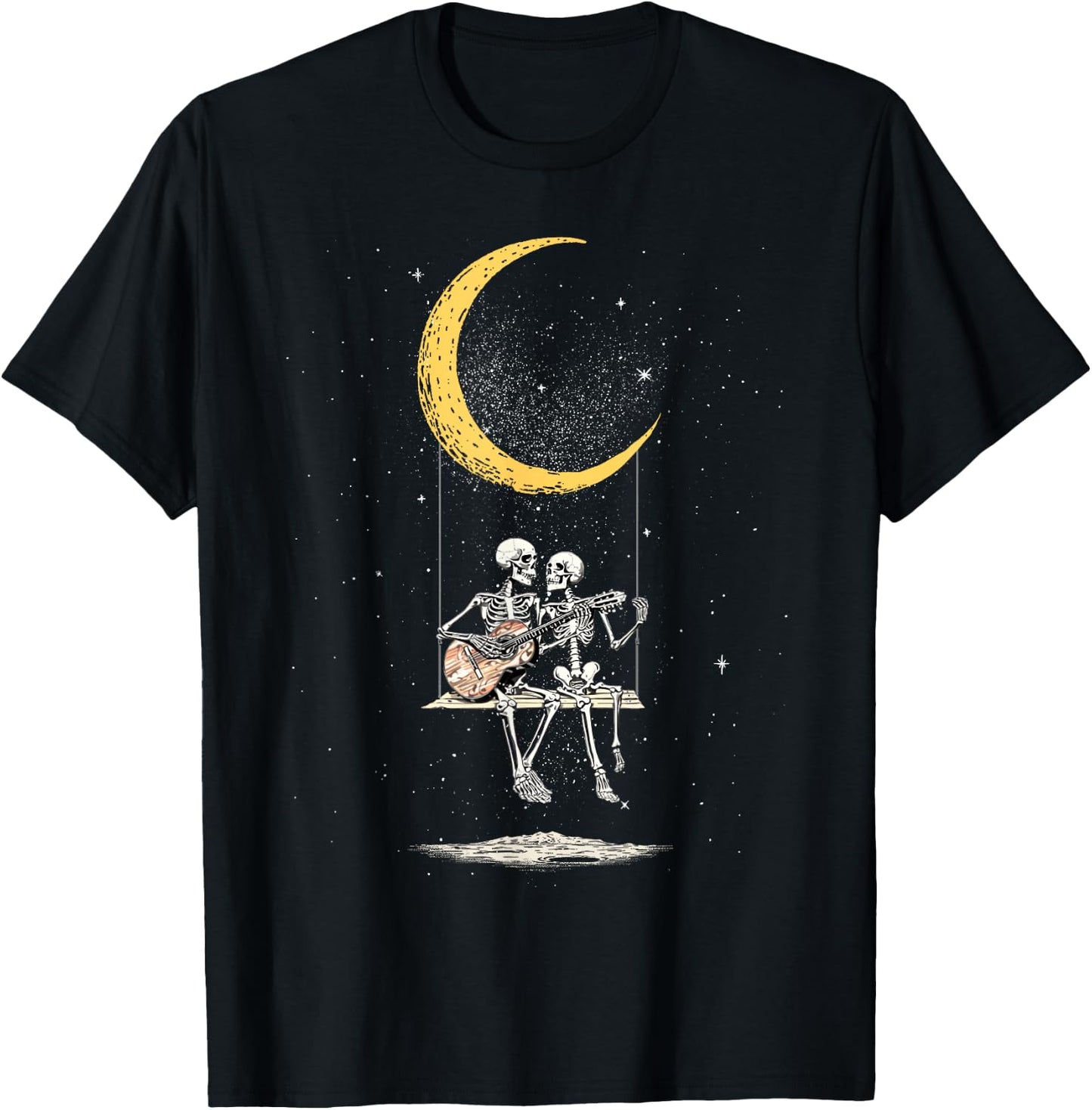 Skeleton Couple Matching Moon Swing Guitar Lover Halloween T-Shirt - T-Shirt | Black