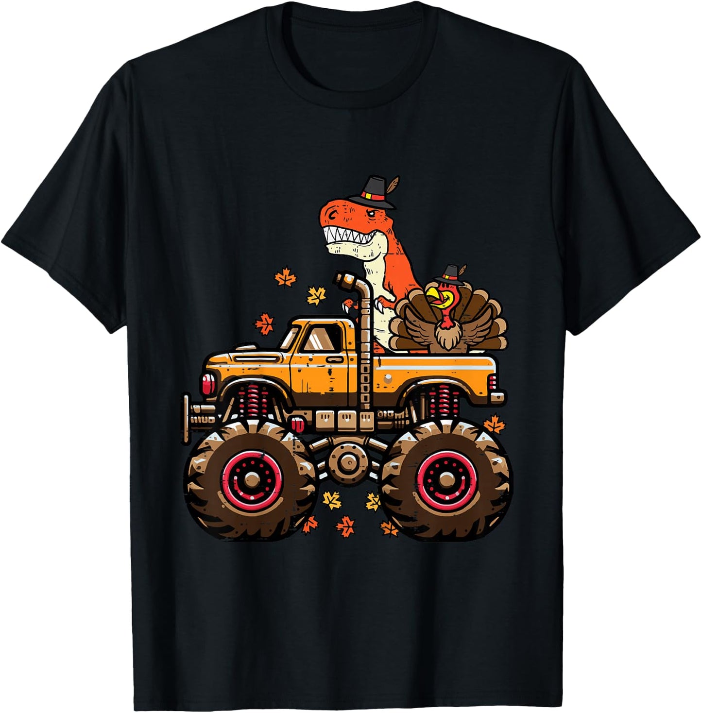 Kids Thanksgiving Dino Monster Truck Trex Fall Boys Kids Toddler T-Shirt - T-Shirt | Black