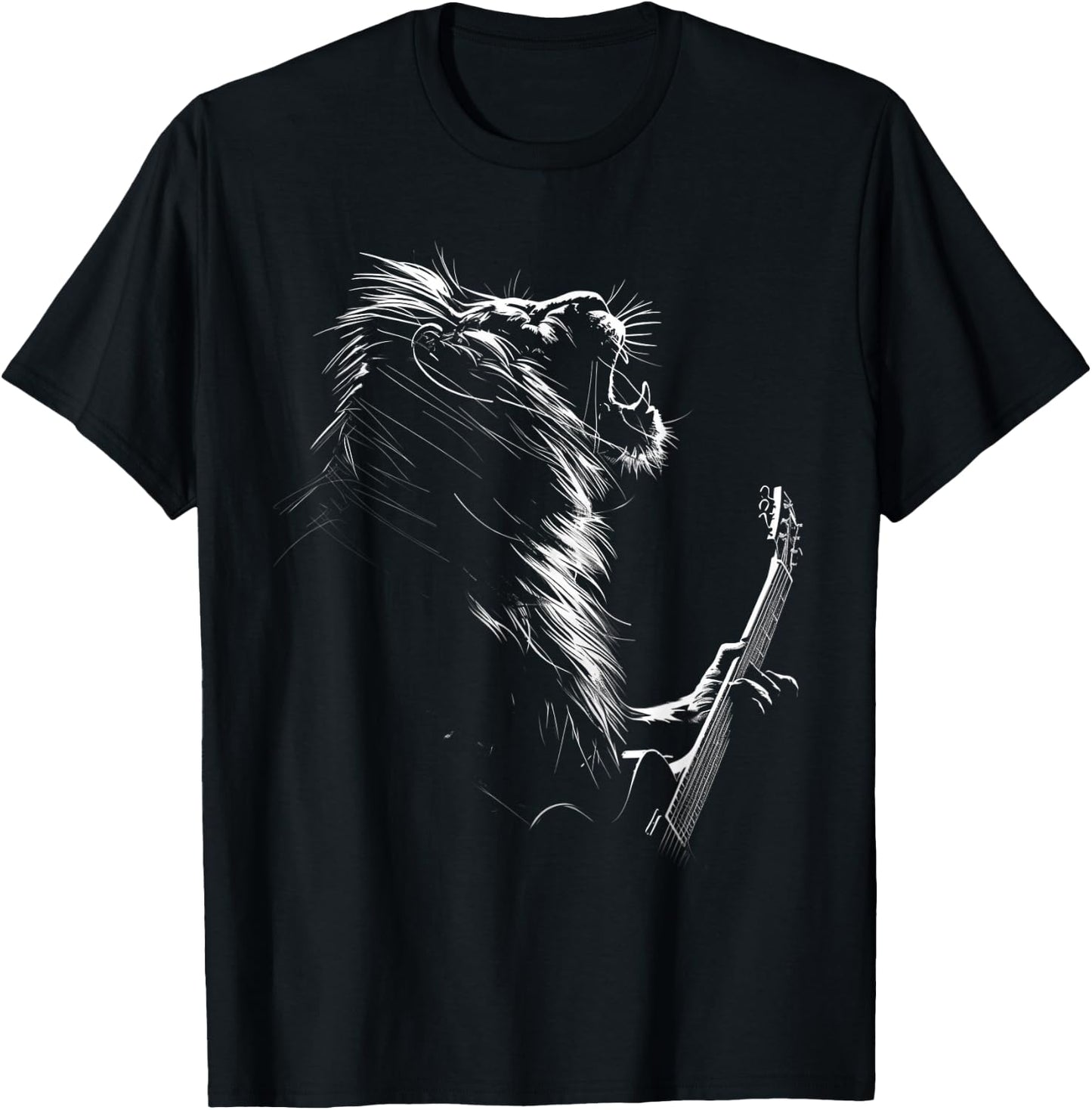 Lion Playing Guitar Rock And Roll Music Men Women Kids T-Shirt - T-Shirt | Black