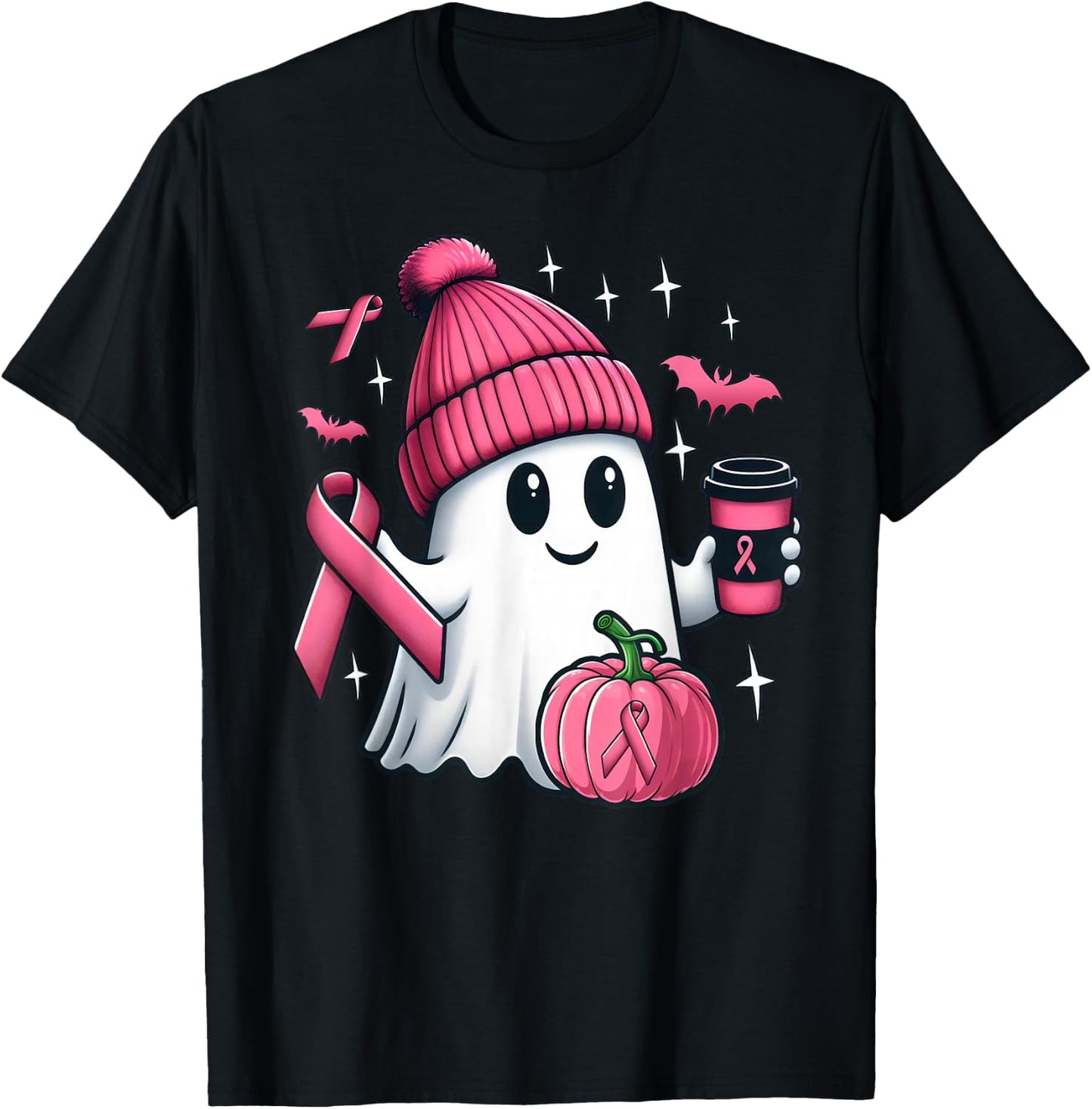 Cute Ghost Drinking Coffee Halloween Breast Cancer Awareness T-Shirt - T-Shirt | Black