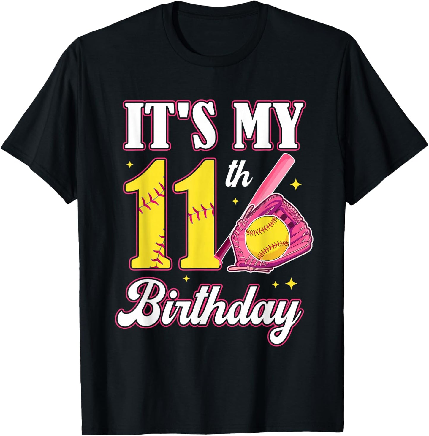 It's My 11th Birthday Softball Girl 11 Year Old Party T-Shirt - T-Shirt | Black