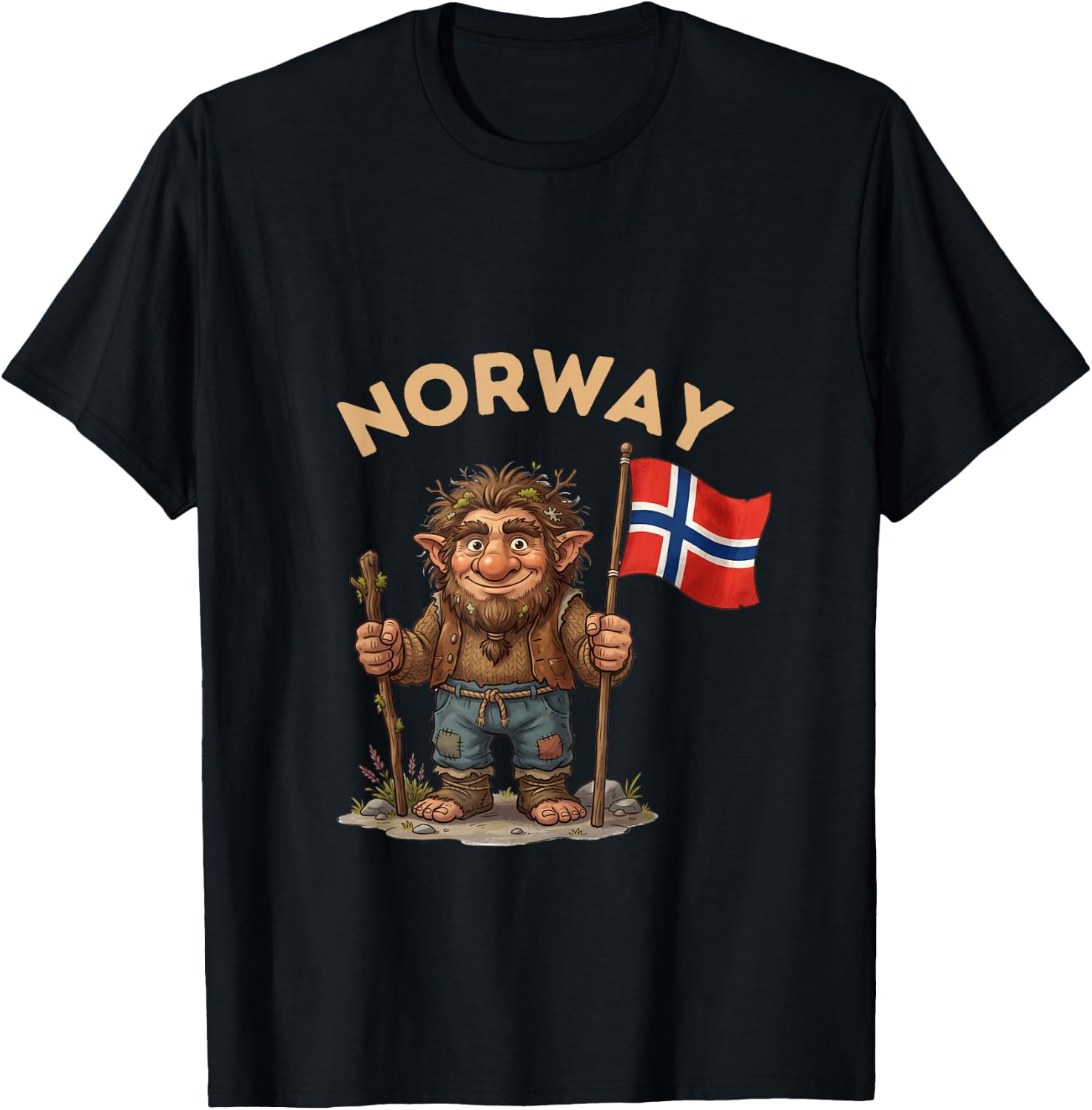 Vintage Norwegian Troll with Flag | Retro Norway Souvenir T-Shirt - T-Shirt | Black