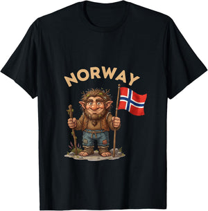 Vintage Norwegian Troll with Flag | Retro Norway Souvenir T-Shirt - T-Shirt | Black
