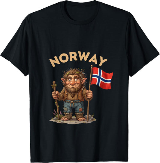 Vintage Norwegian Troll with Flag | Retro Norway Souvenir T-Shirt - T-Shirt | Black