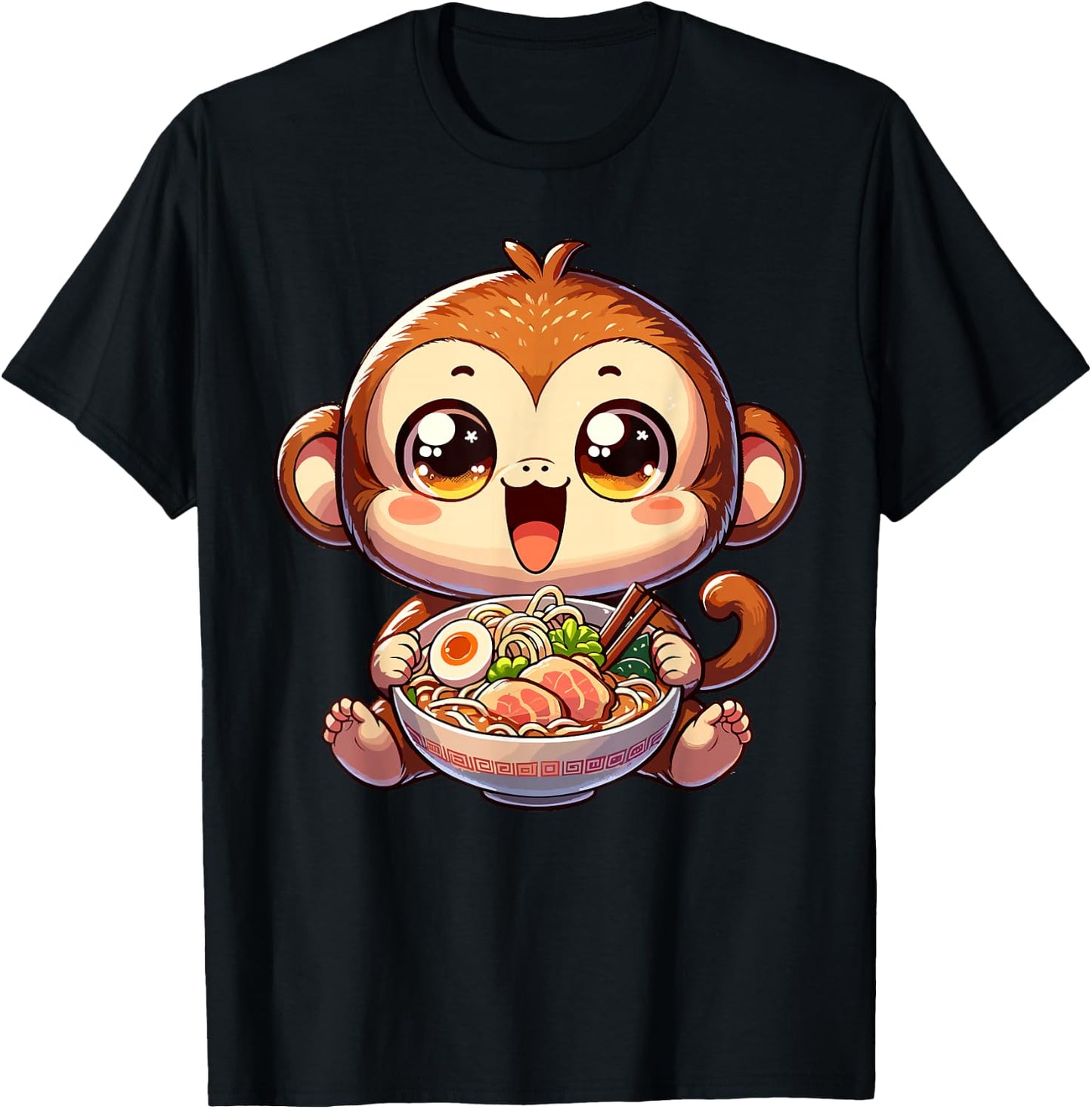 Cute Youth Monkey Kawaii Eating Ramen Japanese Food T-Shirt - T-Shirt | Black