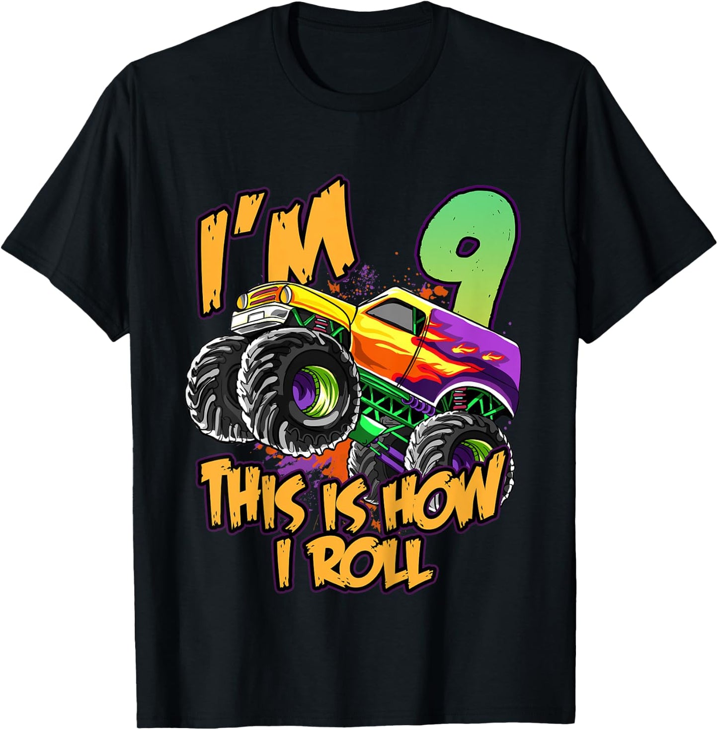 Kids 9th Birthday Boys Monster Truck 9 Year Old Race Car Party T-Shirt - T-Shirt | Black
