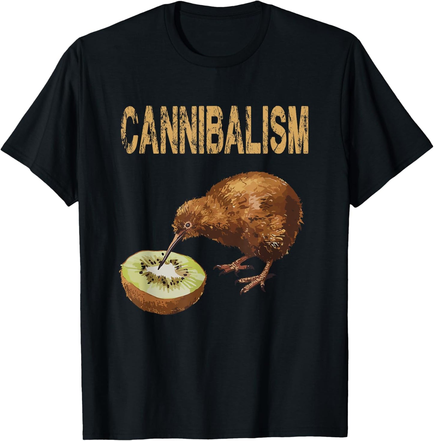 Cannibalism Kiwi Bird Enjoys a Kiwifruit Fun T-Shirt - T-Shirt | Black
