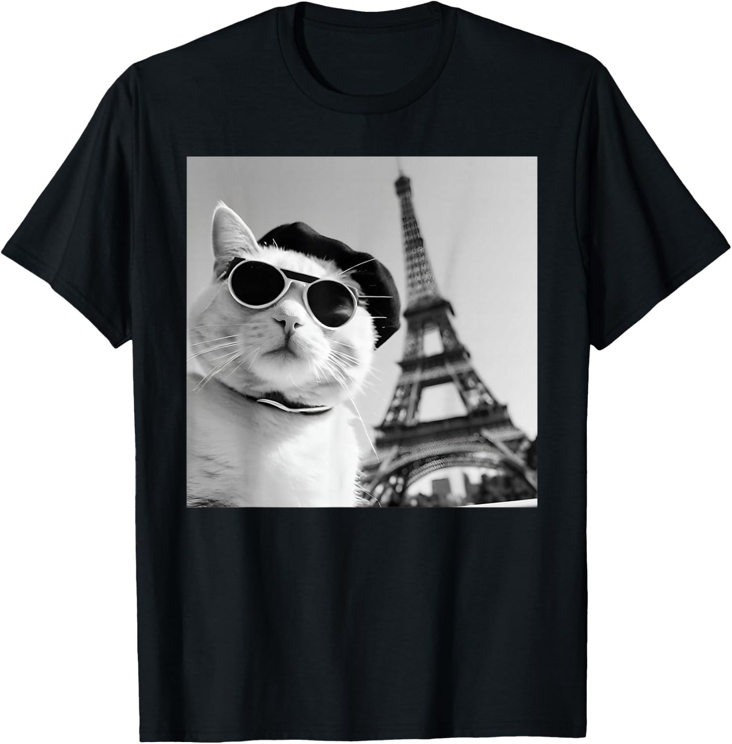 Funny Cat Wearing Sunglasses At The Eiffel Tower in France T-Shirt - T-Shirt | Black