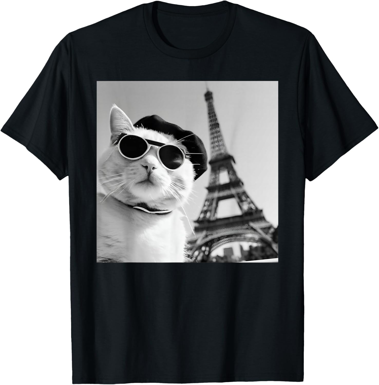 Funny Cat Wearing Sunglasses At The Eiffel Tower in France T-Shirt - T-Shirt | Black