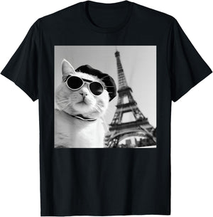 Funny Cat Wearing Sunglasses At The Eiffel Tower in France T-Shirt - T-Shirt | Black