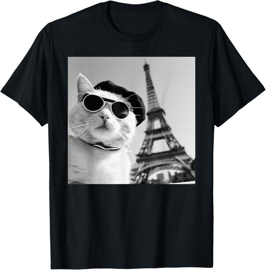 Funny Cat Wearing Sunglasses At The Eiffel Tower in France T-Shirt - T-Shirt | Black