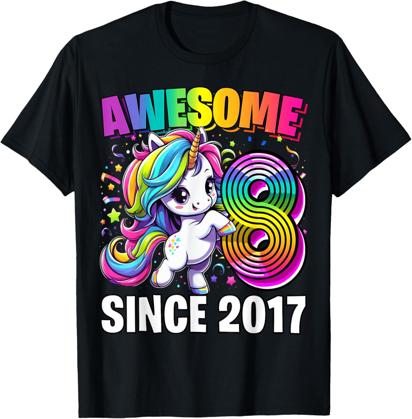 Unicorn 8th Birthday 8 Year Old Unicorn Party Girls Outfit T-Shirt - T-Shirt | Black