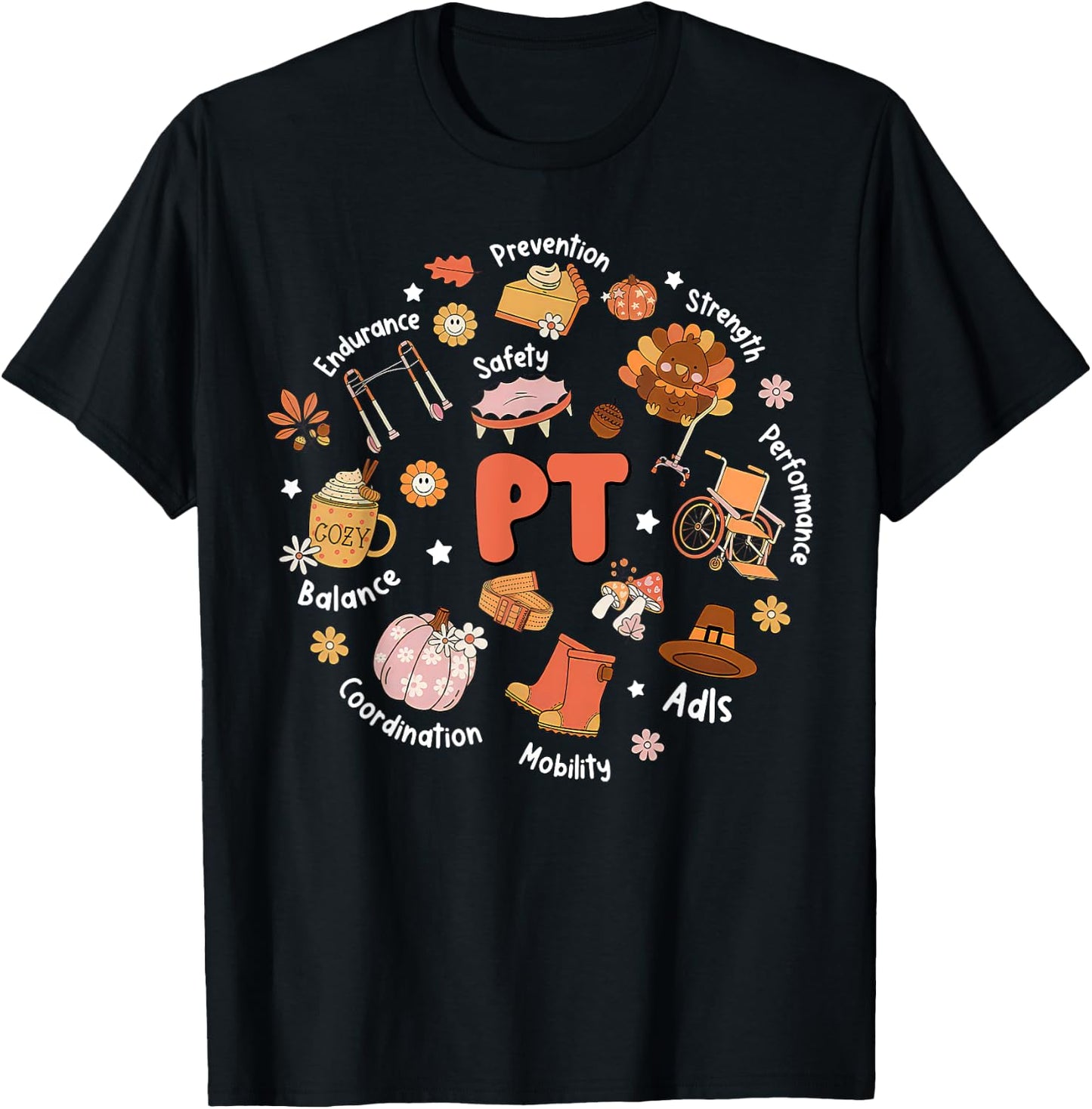 Retro Physical Therapy PT Fall Vibes Autumn Thanksgiving T-Shirt - T-Shirt | Black