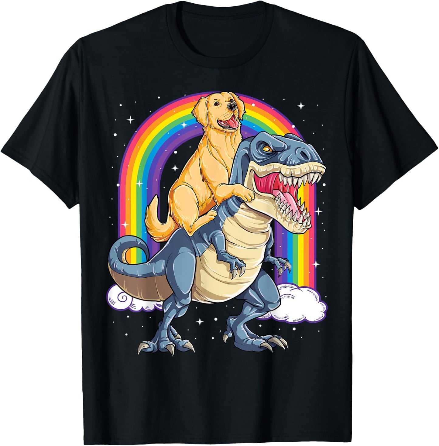 Golden Retriever Riding Dinosaur T-rex Gifts Boys Rainbow T-Shirt - T-Shirt | Black