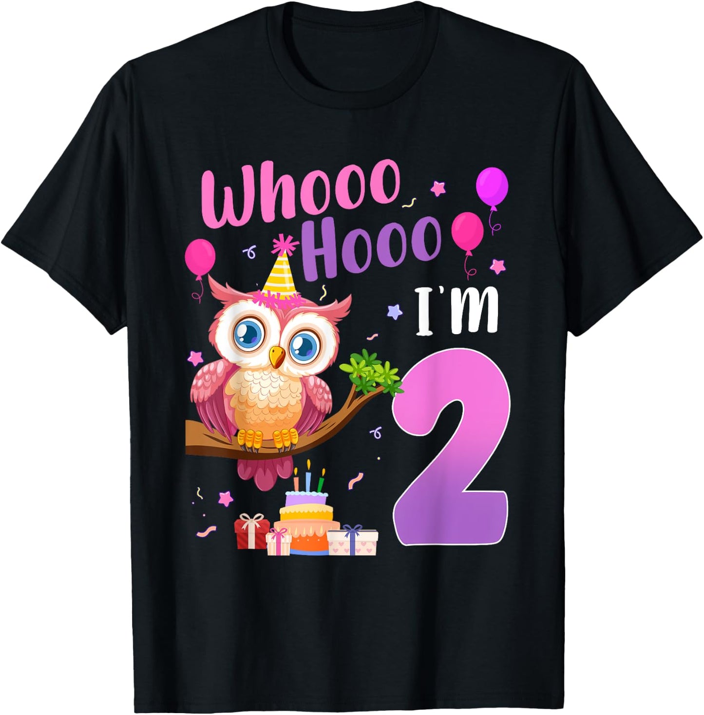 Whooo Hooo I’m 2 Year Old Cute Owl 2nd Birthday Girl T-Shirt - T-Shirt | Black