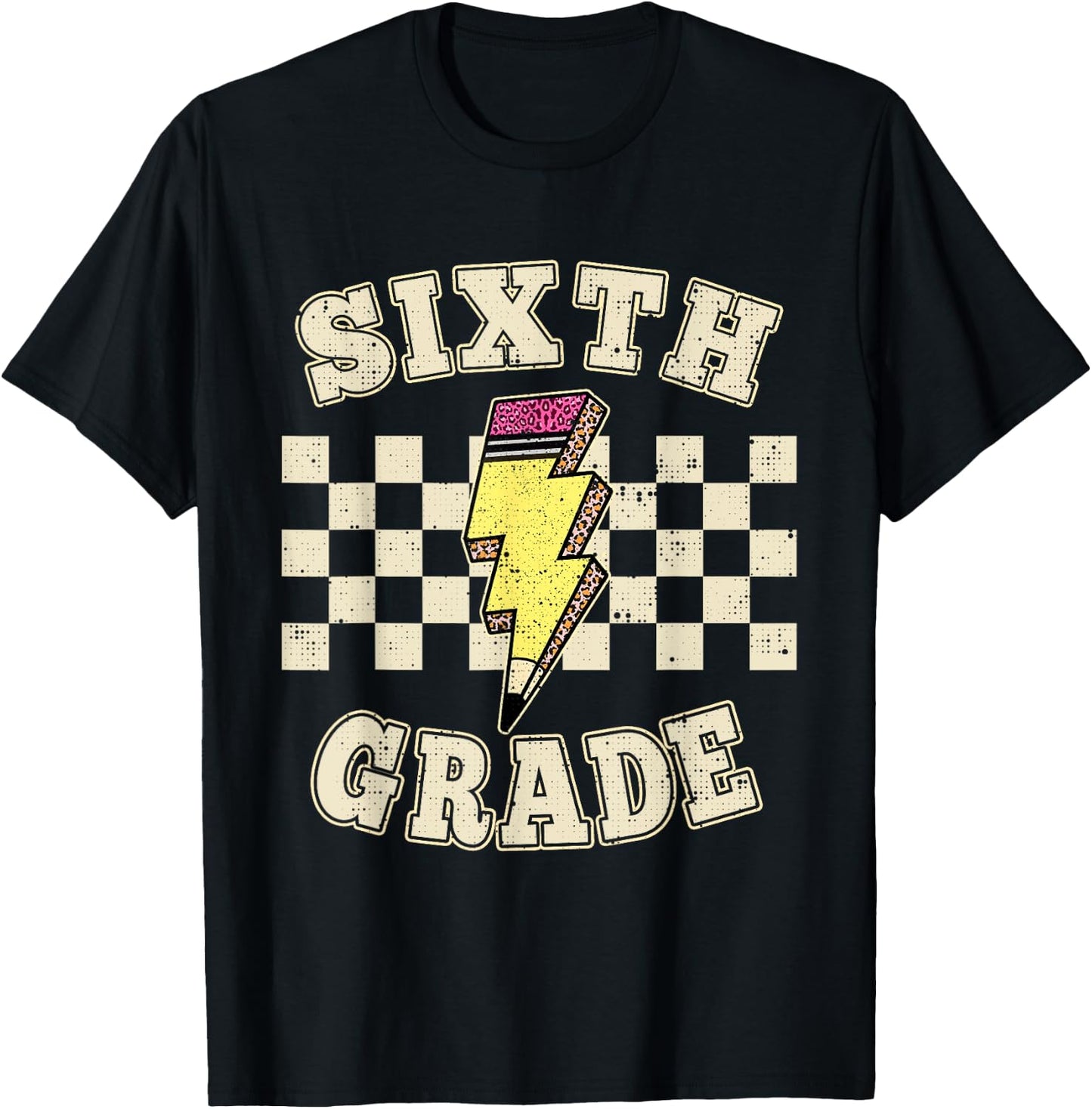 Retro 6th Sixth Grade Teacher Lightning Bolt Pencil Teacher T-Shirt - T-Shirt | Black