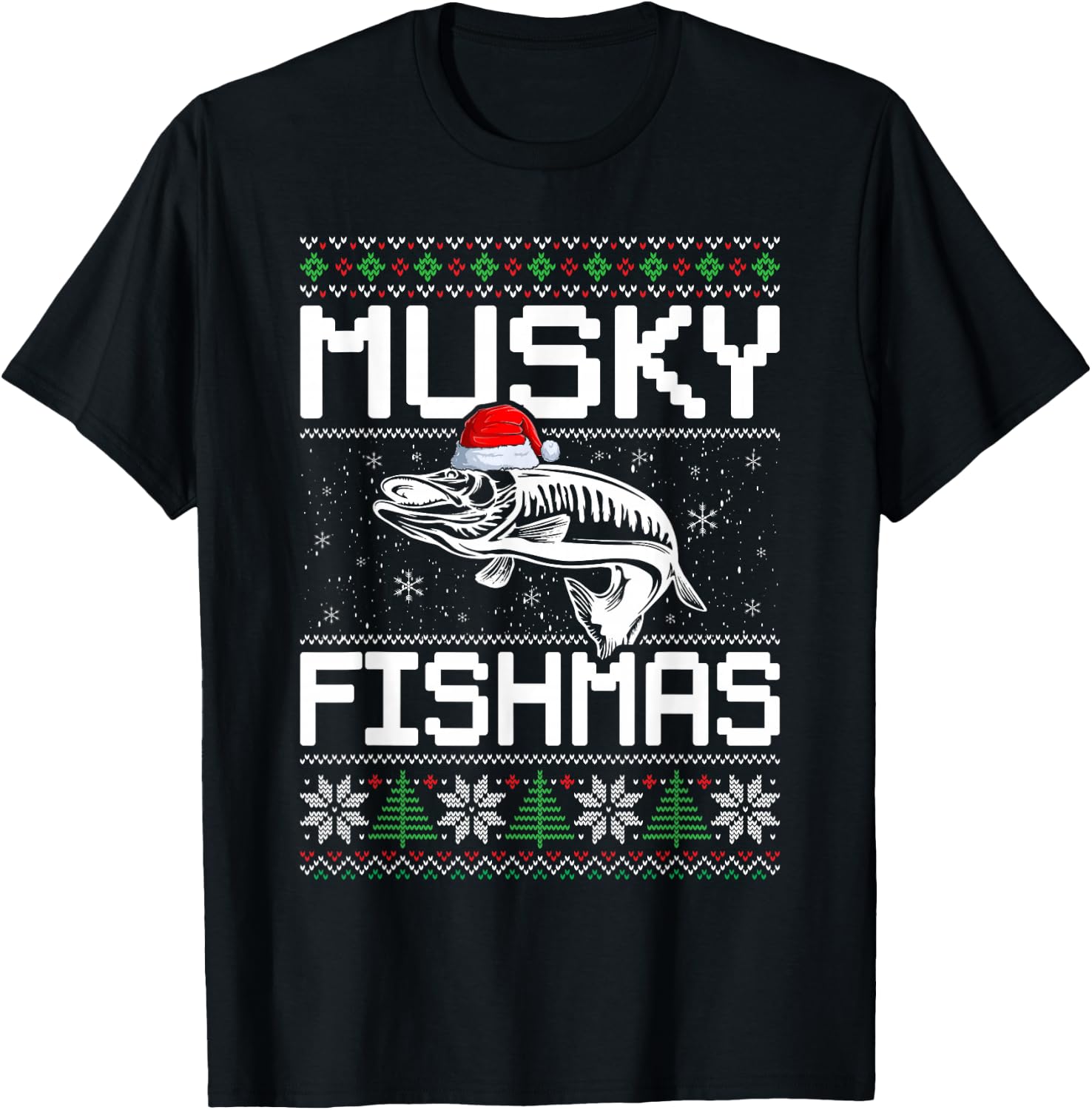 Muskie Angler Fishmas Musky Fishing Ugly Christmas T-Shirt - T-Shirt | Black