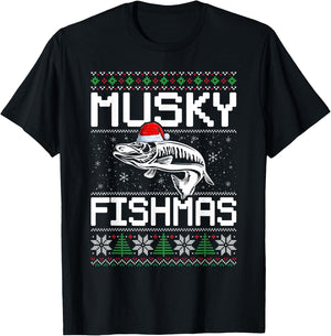 Muskie Angler Fishmas Musky Fishing Ugly Christmas T-Shirt - T-Shirt | Black