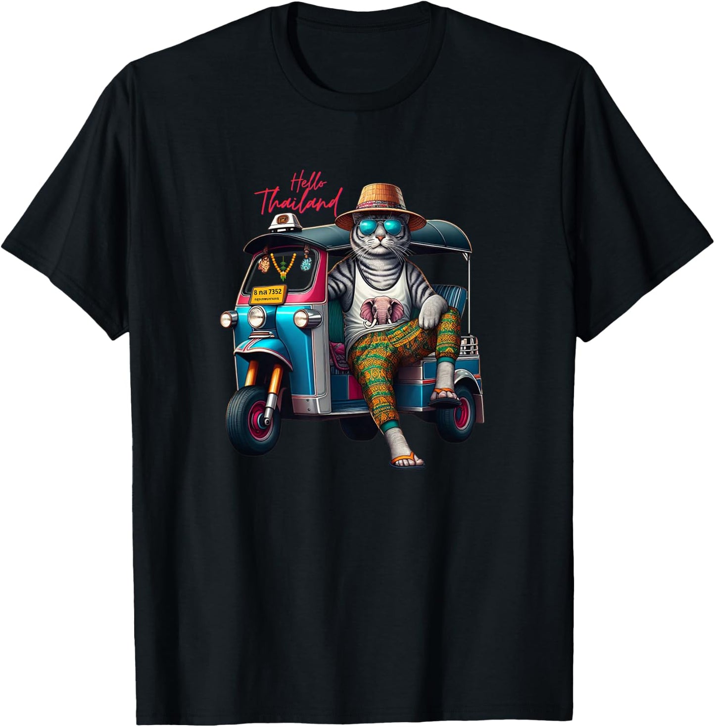 Hello Thailand Cool cat wear elephant Pants on Thai TukTuk T-Shirt - T-Shirt | Black