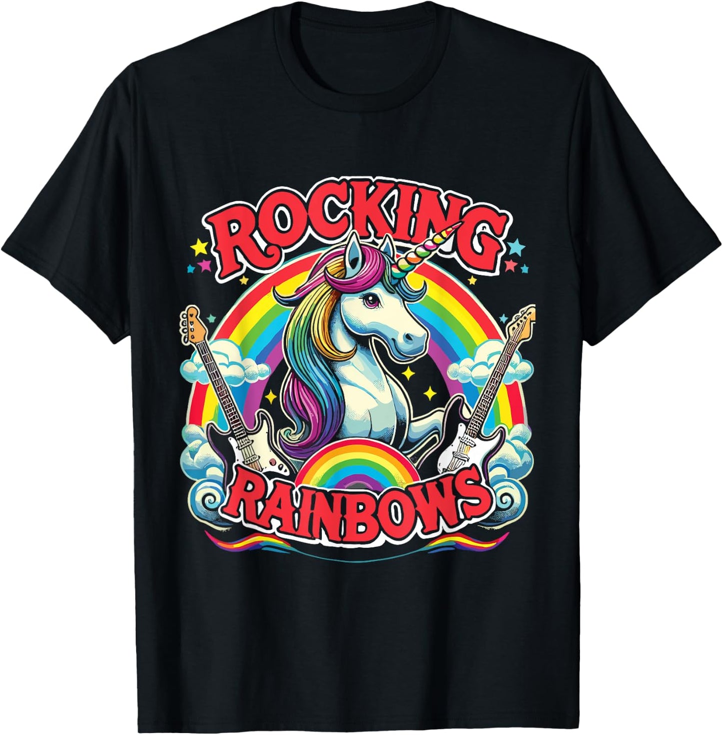 Rock Star Rock And Roll Rocking Rainbows Unicorn Guitar T-Shirt - T-Shirt | Black