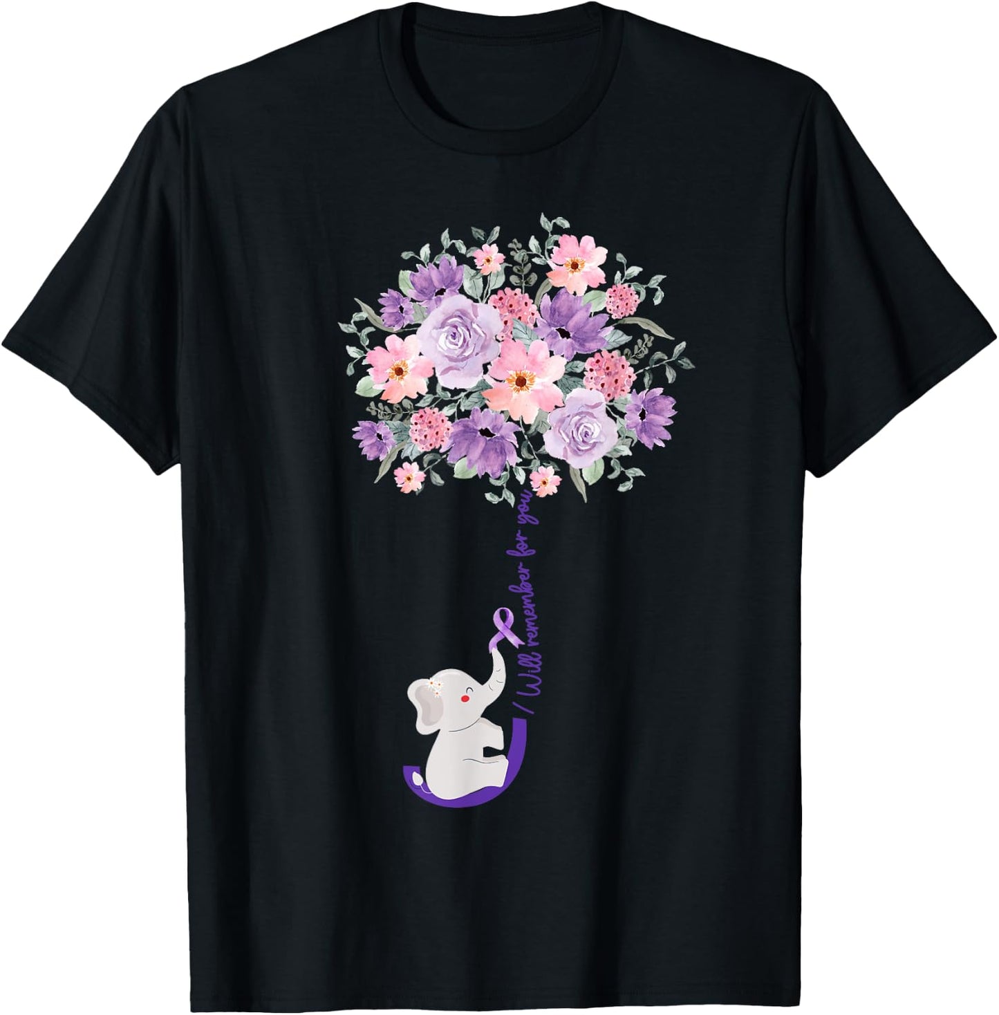 Elephant I Will Remember For You purple Sunflower Alzheimer T-Shirt - T-Shirt | Black