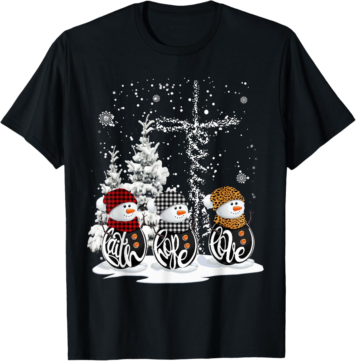 Funny Christmas 2025 Faith Hope Love Snowman Christian Cross T-Shirt - T-Shirt | Black