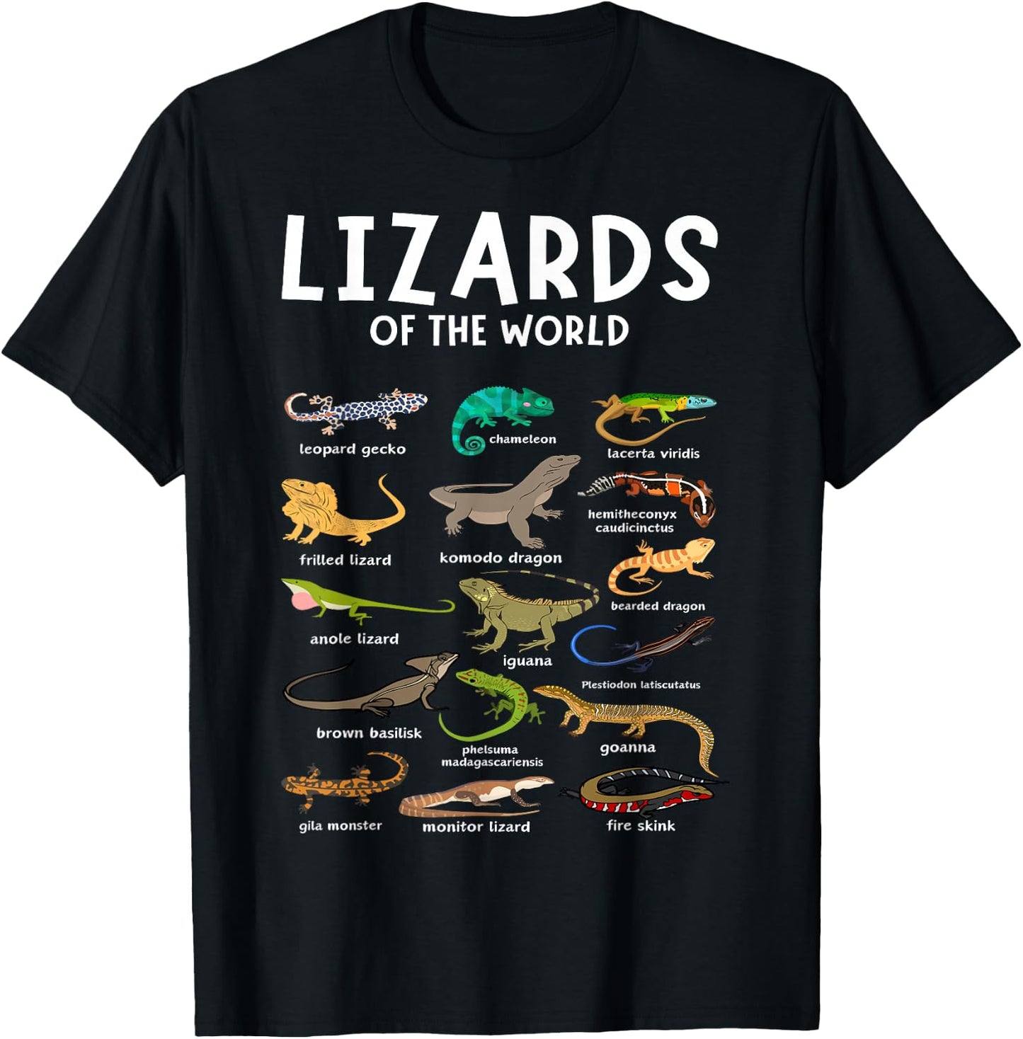 Types of Lizards of the World Reptile Herpetology Lizard T-Shirt - T-Shirt | Black